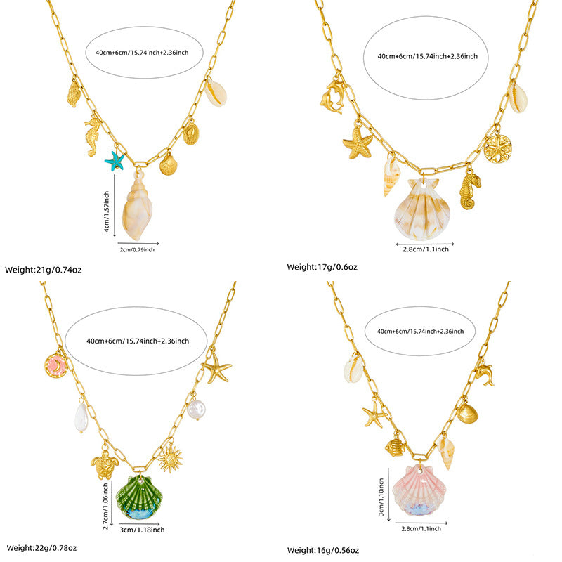 Sweet Stainless Steel Plated Animal Shell Turtle Seahorse Starfish Sun Pendant Necklace with Curb Chain for Women