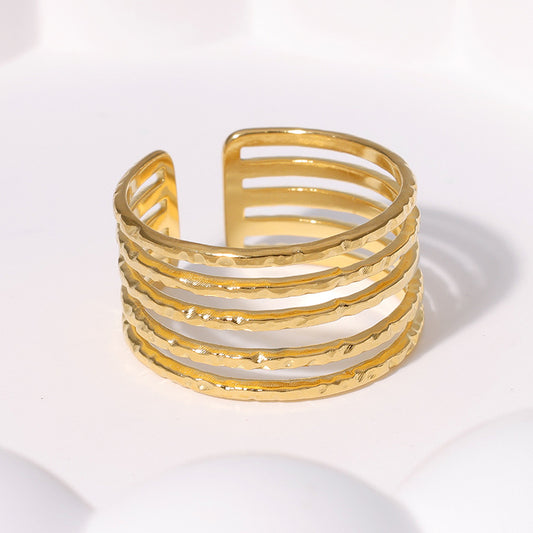 Anello da donna minimalista placcato oro 18K con motivo geometrico aperto in acciaio al titanio