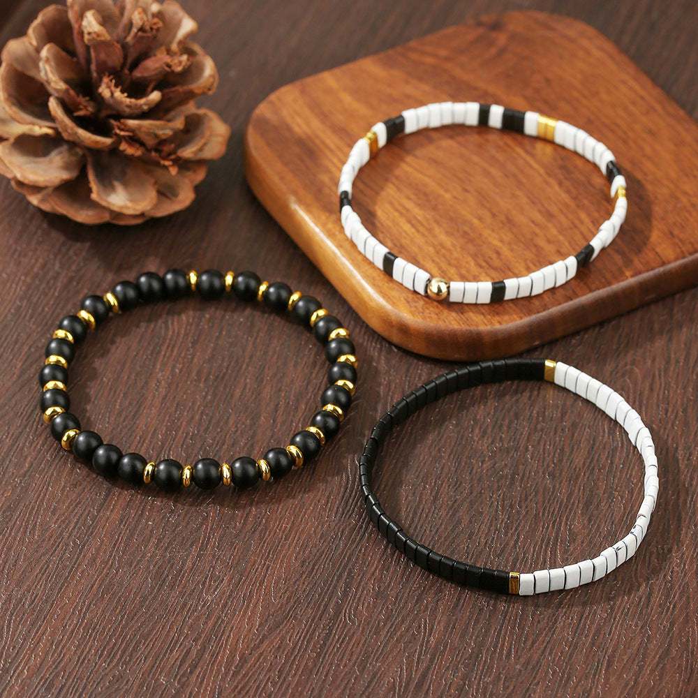 Casual Geometric Matte Black Tila Bead Hand-strung Bracelet for Unisex