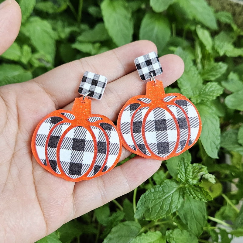 Pendientes acrílicos de calabaza con estampado de leopardo a cuadros blancos y negros para mujer para Halloween, Pascua, otoño