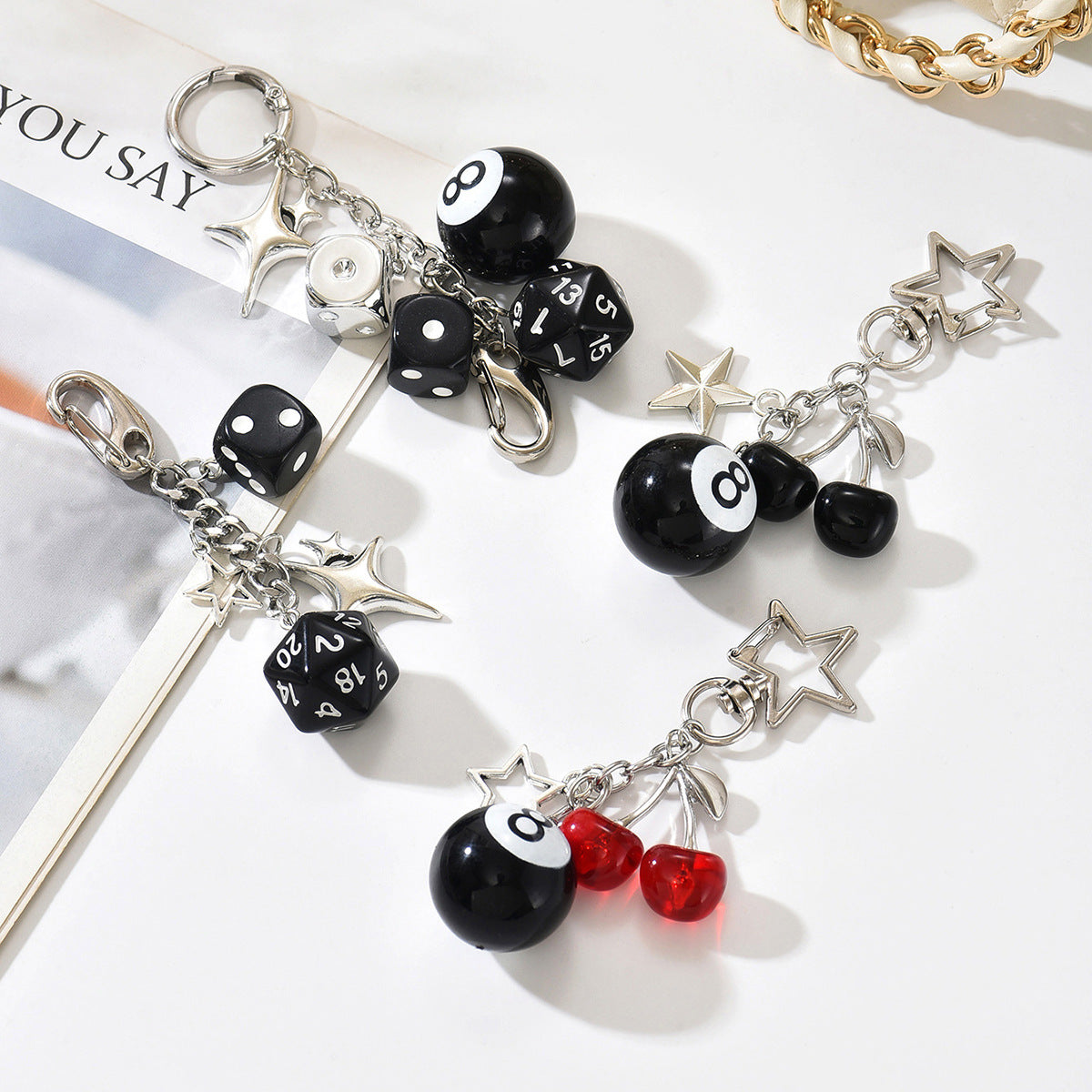 Round Geometric Hand-beaded Zinc Alloy Keychain with Black 8 Billiard Ball Charm