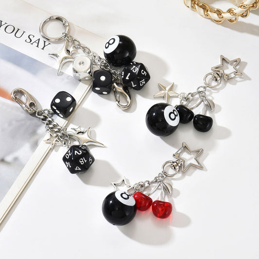 Round Geometric Hand-beaded Zinc Alloy Keychain with Black 8 Billiard Ball Charm
