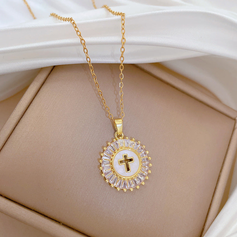 Minimalist Round Cross Pendant Necklace for Women Stainless Steel Chain with Rhinestone Inlay and Natural Moon Motif