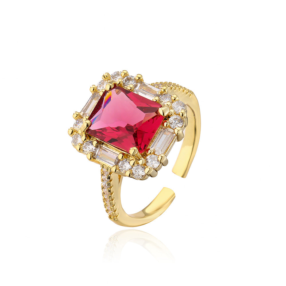 Minimalist Geometric Copper Ring with 18K Gold Plating and Zircon Inlay for Women
