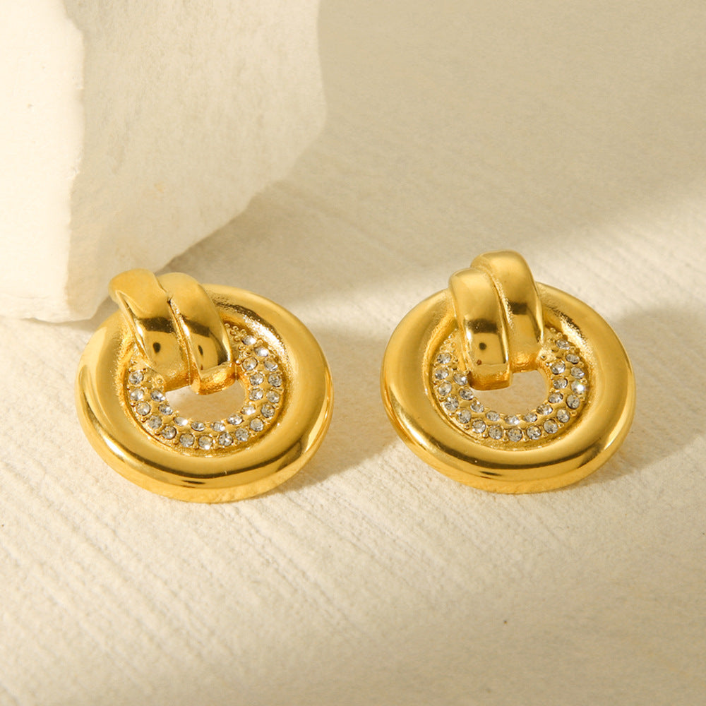 Ins Fashion Geometric Round 18K Gold Plated Stainless Steel Rhinestone Earrings for Women