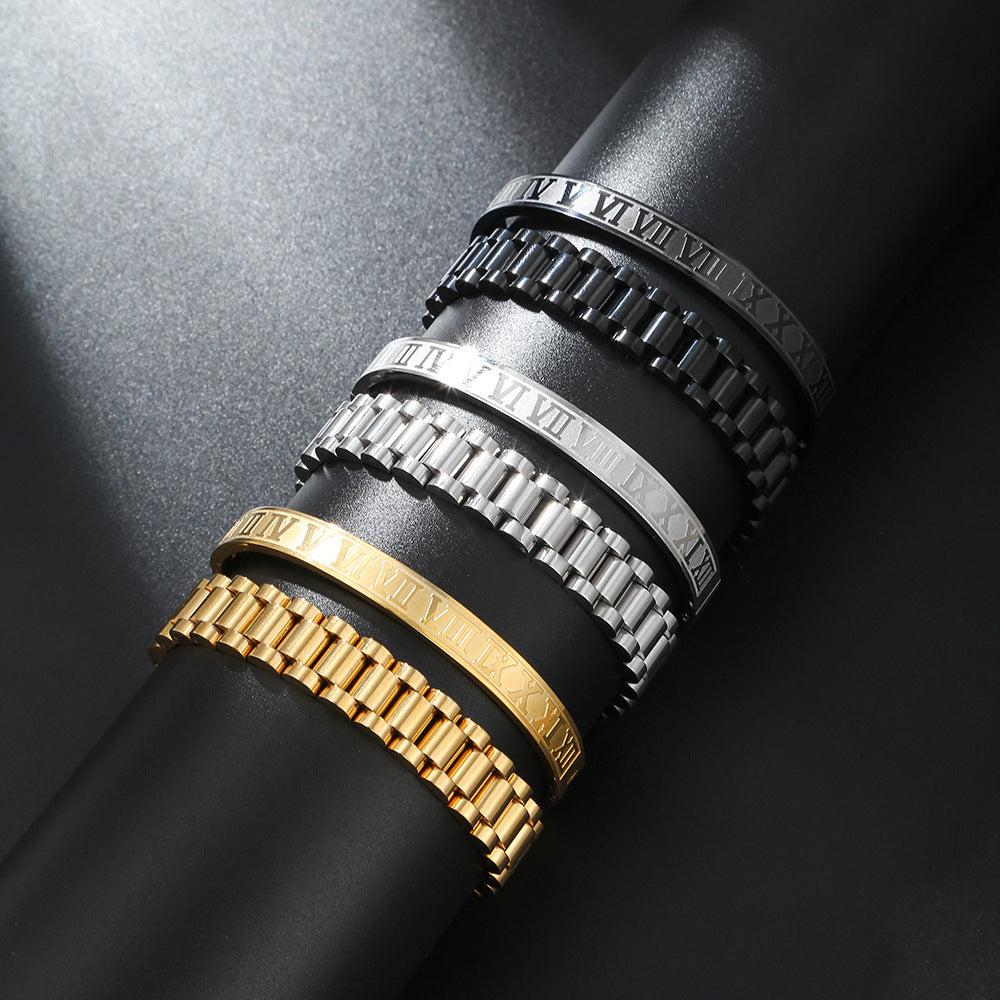Geometric Round Plated Titanium Steel Watch Band Bracelet Set for Unisex