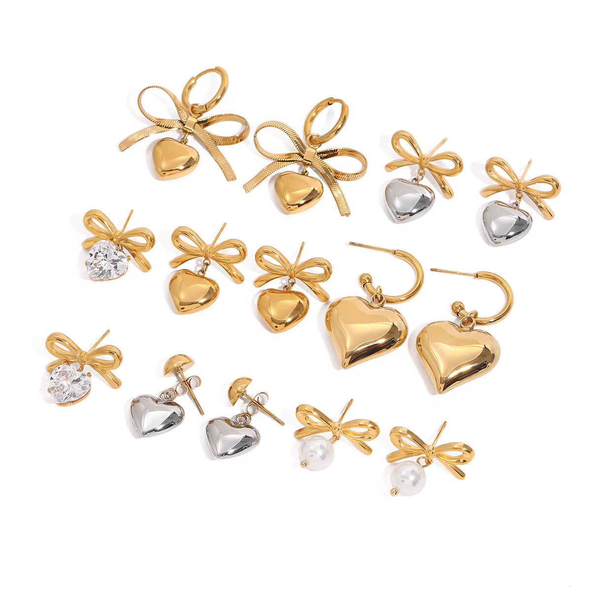 Elegant Heart Bow Stainless Steel Stud Earrings with Cubic Zirconia Plated Finish for Women