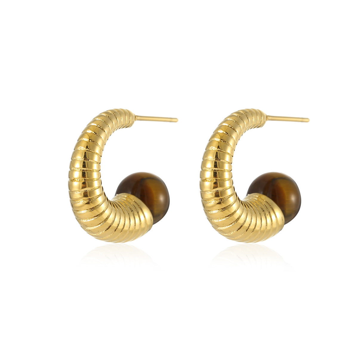 Orecchini a C in Acciaio al Titanio Stile Vintage con Perle e Inlay di Pietre Naturali Occhio di Tigre per Donna