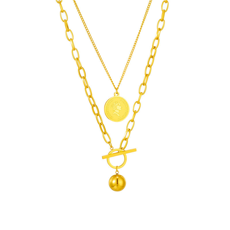 Minimalist Vintage Geometric Titanium Steel Pendant Necklace with Engraved Portrait Design for Women