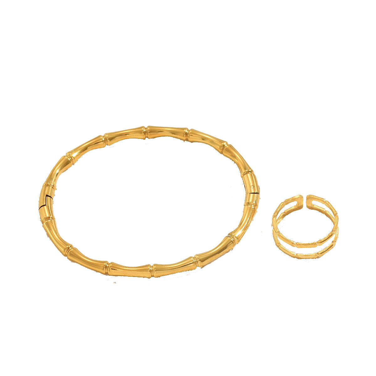 Conjunto de pulsera y anillo abierto chapados en aleación de zinc con forma de bambú minimalista de moda para mujer