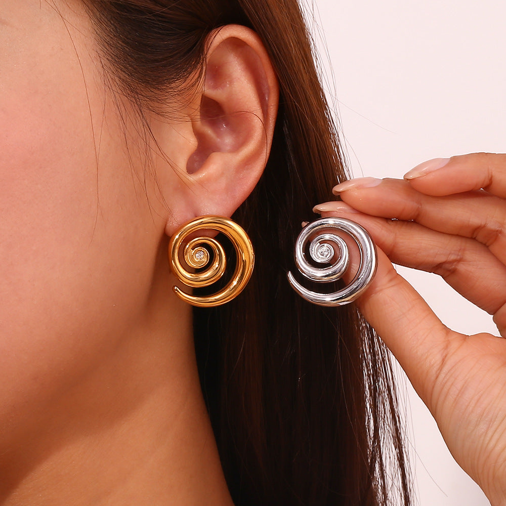 Fashionable Geometric Stainless Steel 18K Gold Plated Ear Cuffs with Micro-Pavé Zirconia and Spiral Design for Women