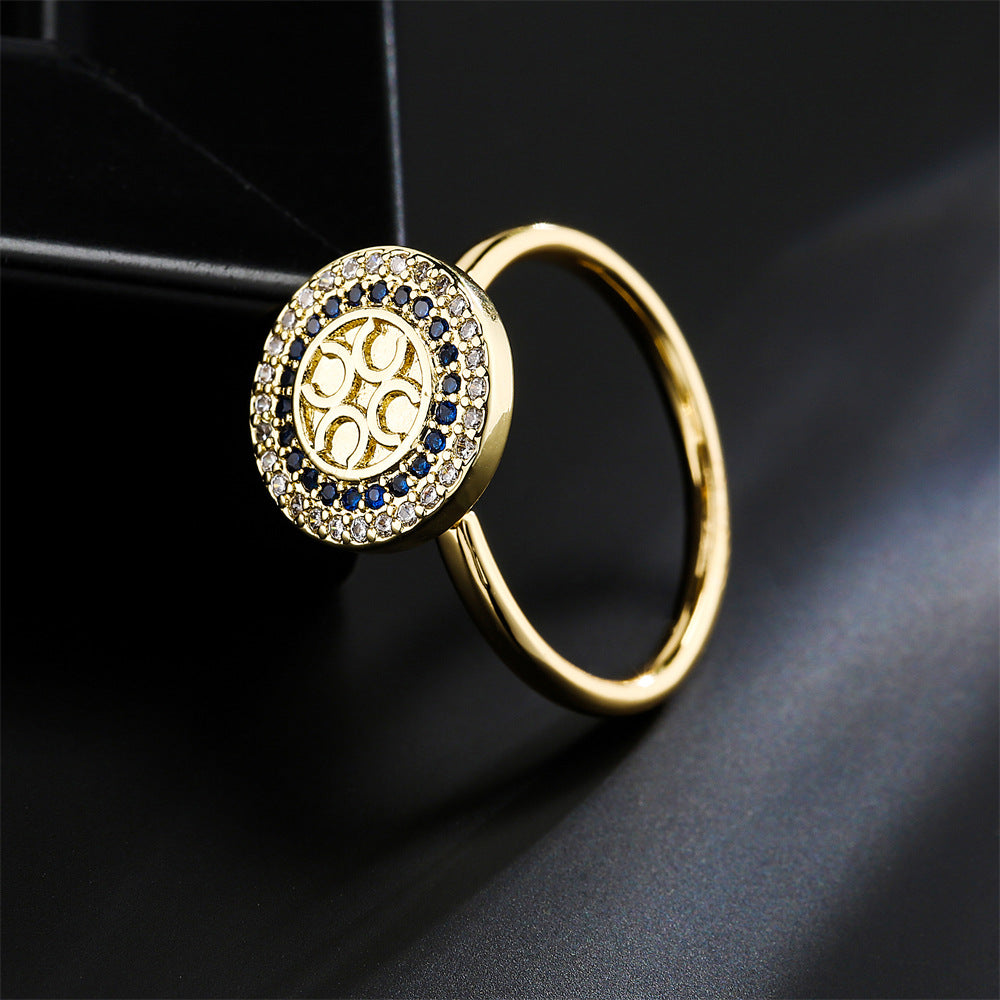 Anello aperto da donna vintage geometrico blu e bianco con zirconi, realizzato in rame con placcatura in oro vero