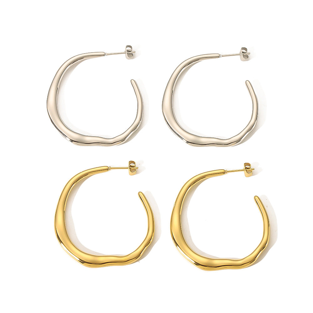 Irregular C-Shaped Stainless Steel Earrings with 18K Gold Plating, Minimalist Fashion Ear Cuffs for Women