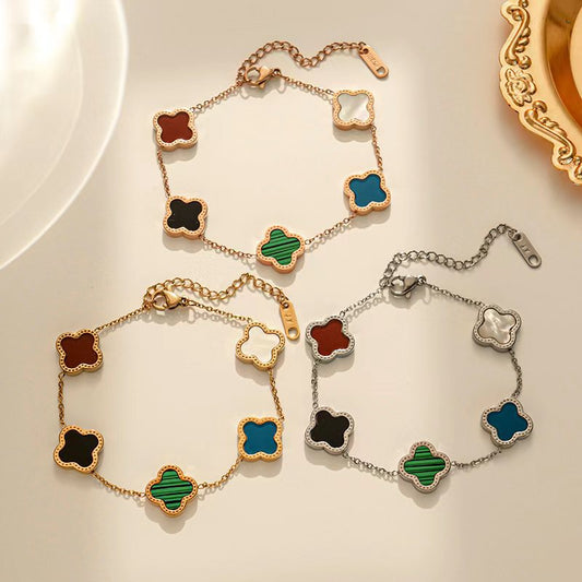 Luxury Style Clover-Shaped Titanium Steel Bracelet with Mother-of-Pearl Inlay and Electroplated Finish for Women