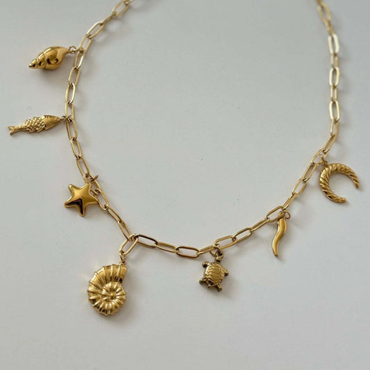 18K Gold Plated Stainless Steel Sea Turtle and Conch Shell Pendant Necklace for Unisex