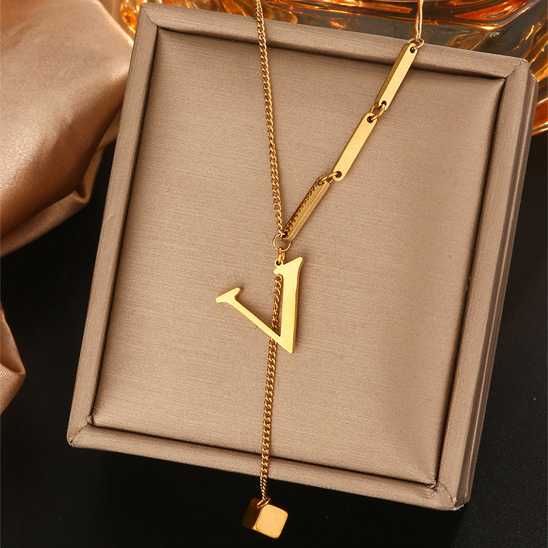 Minimalist Titanium Steel Letter Pendant Necklace with Tassel for Women