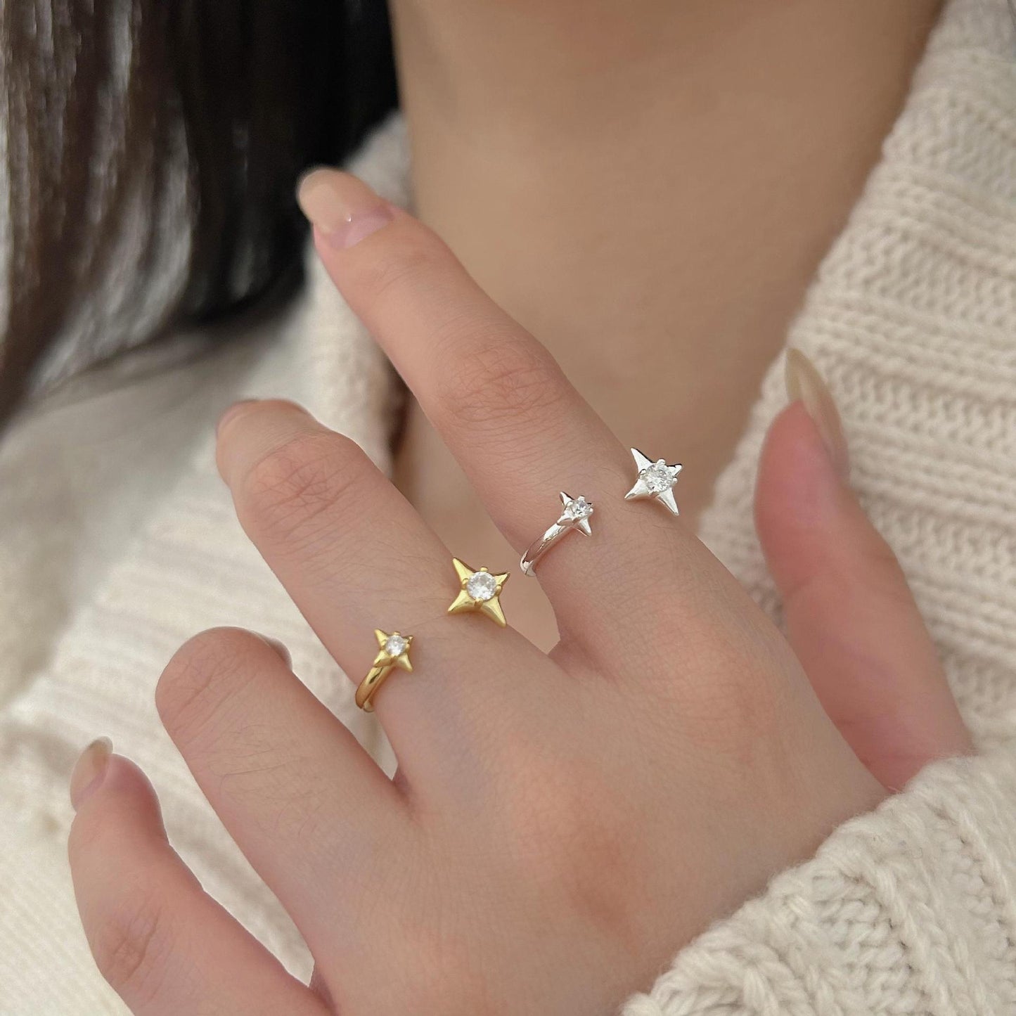 Anello in argento sterling 925 a forma di stella minimalista con bordi sfaccettati geometrici da donna