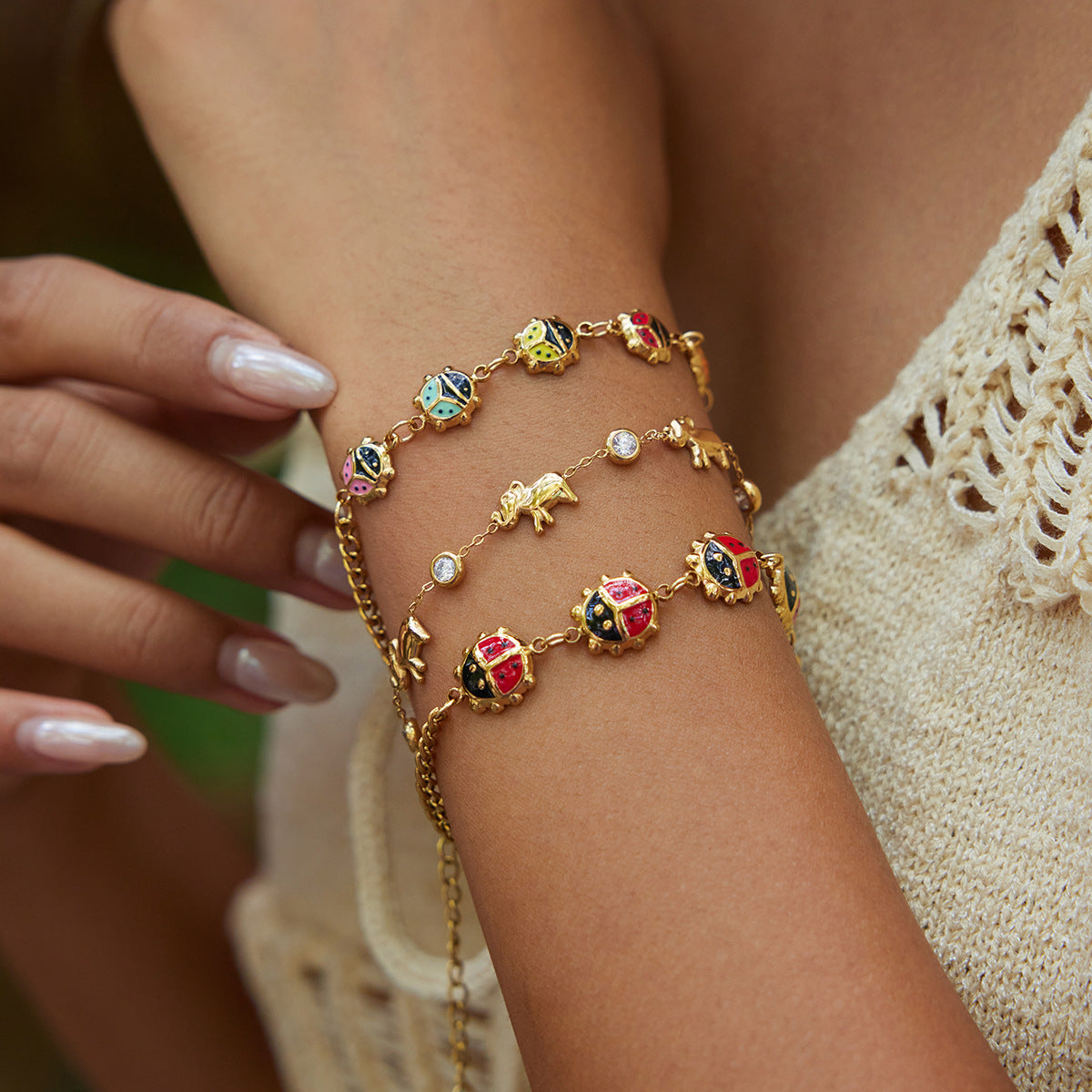 Minimalist Geometric Ladybug Animal Stainless Steel Plated Bracelet for Women