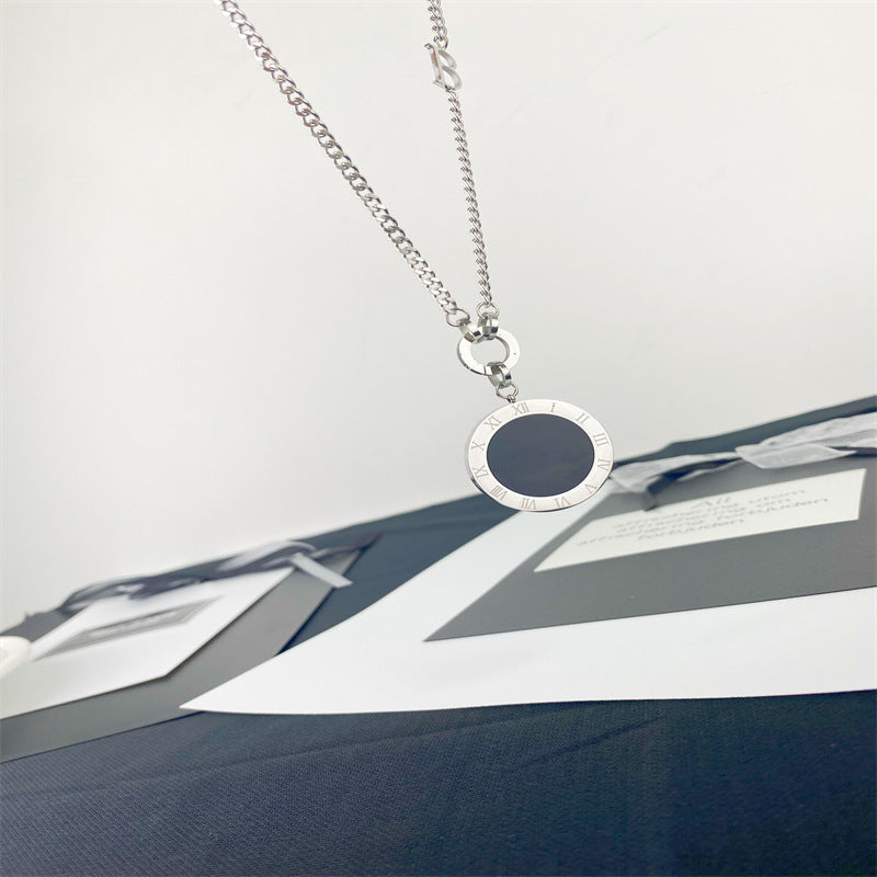 French Vintage Style Geometric Roman Numeral Pendant Titanium Steel Long Necklace for Women and Men, Twist Chain Adjustable Sweater Chain