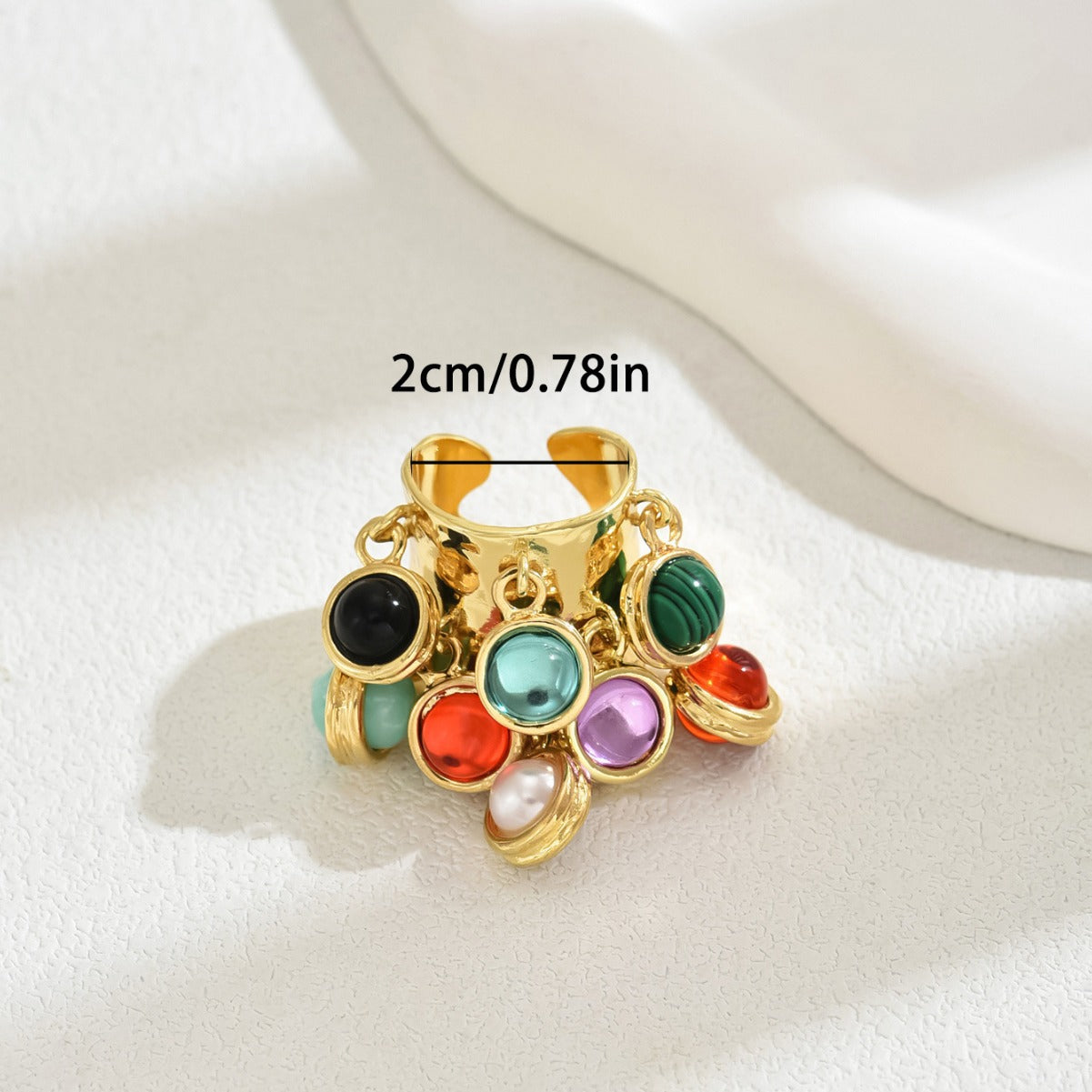 Anillo abierto ajustable de lujo minimalista para mujer en cobre con incrustaciones de piedras preciosas coloridas y banda geométrica en forma de U