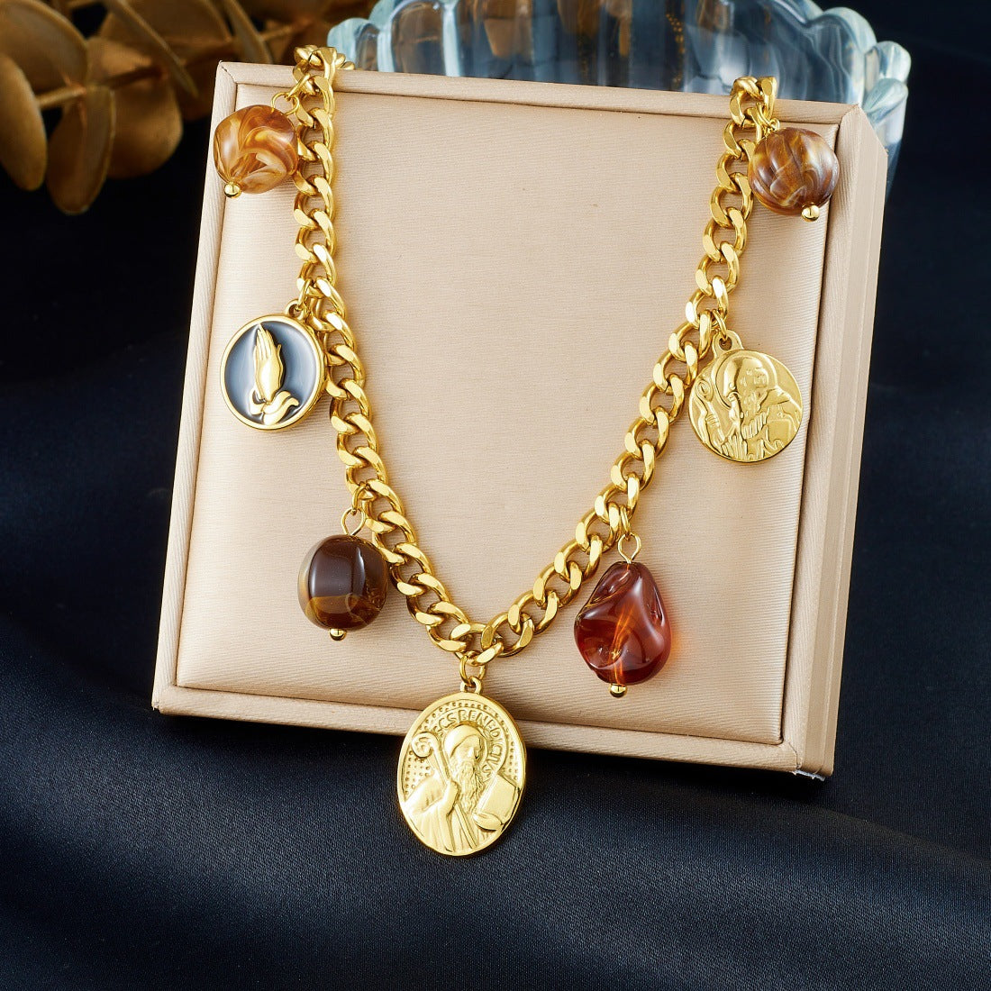 Vintage Gold Plated Round Geometric Drip Oil Resin Pendant Stainless Steel Serpentine Chain Necklace Set