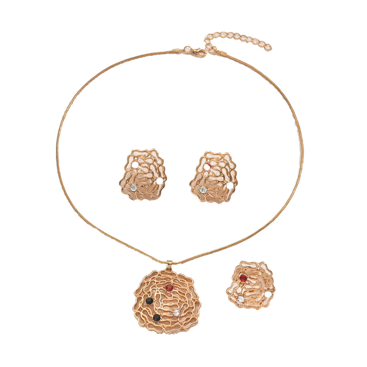 Set collana e anello da donna in rame stile geometrico con intarsio in strass e design traforato per uno styling versatile