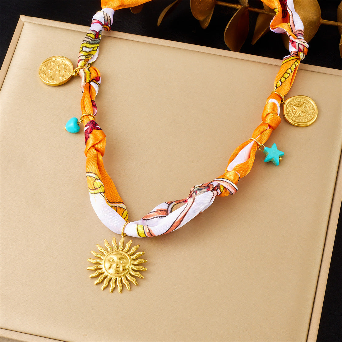 Elegant Leopard Print Floral Drip Oil Heart Sun Pendant Stainless Steel Necklace for Women