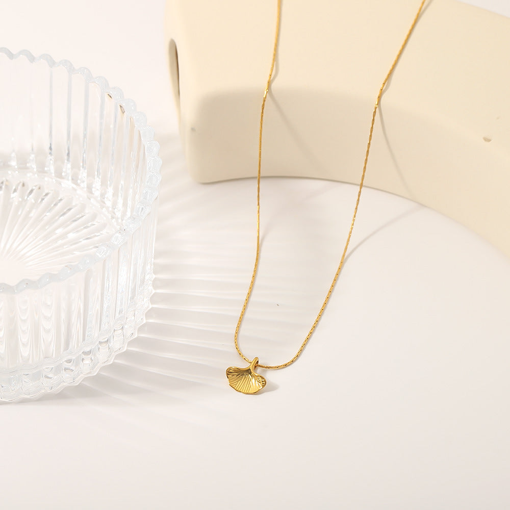 Minimalist Ginkgo Leaf Pendant Necklace in Stainless Steel with 18K Gold Plating on O-Chain for Women