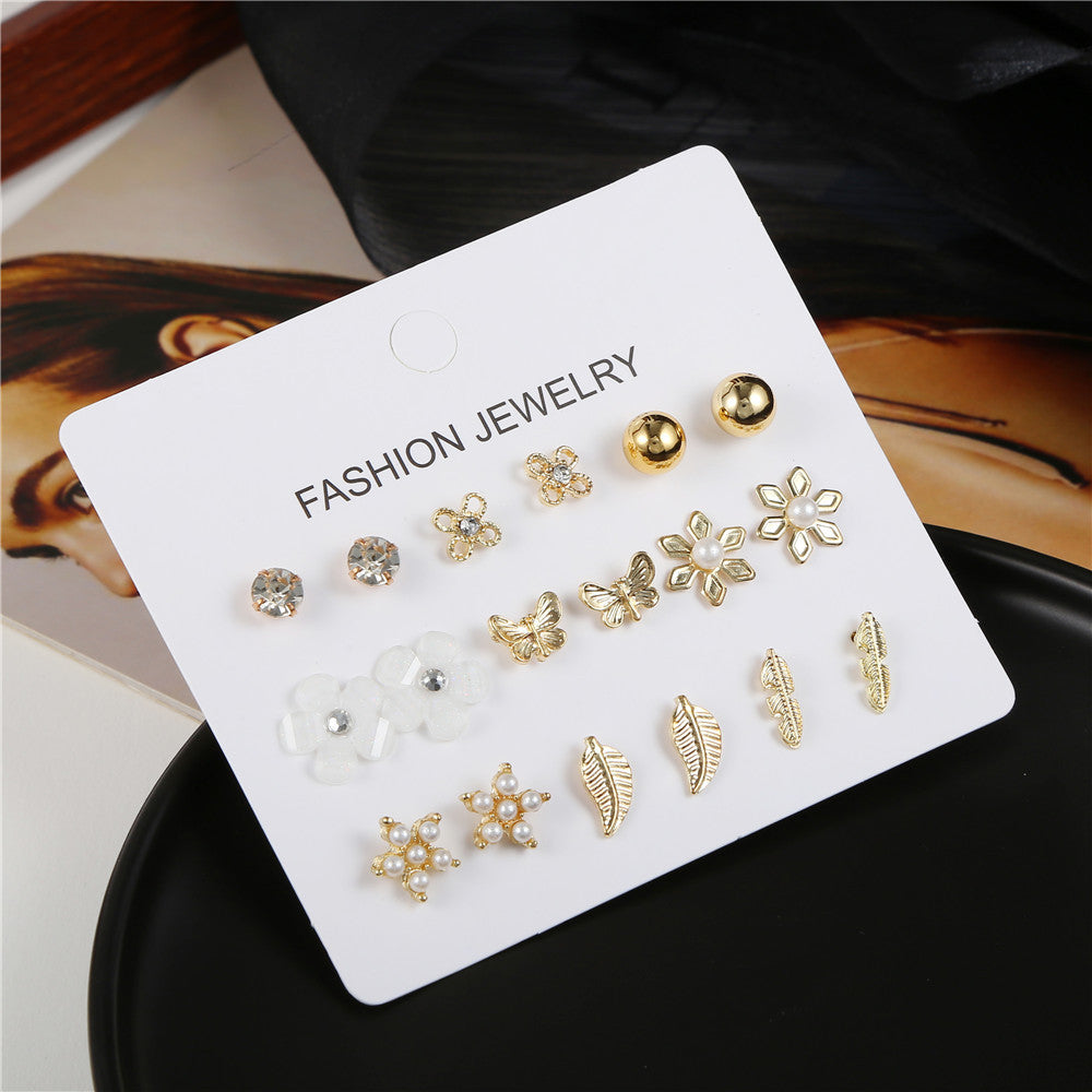 Gold Plated Stainless Steel Geometric Flower Leaf Star Butterfly Rhinestone Inlay Earrings Set with Floral Pattern