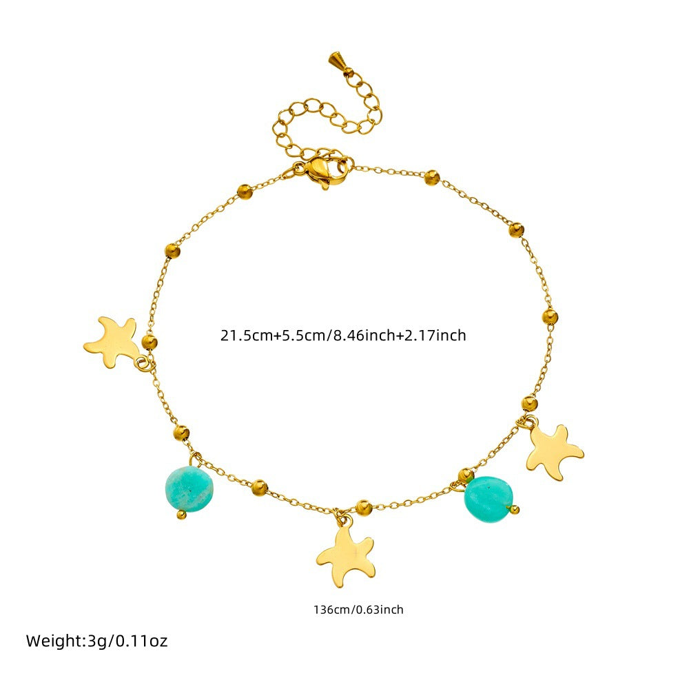 Minimalist Star-Shaped Mint Green Stone Pendant Polished Gold-Plated Stainless Steel Anklet