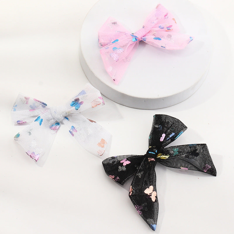 Cartoon Bowknot Hair Clip Set for Kids with Sequins and Tulle Butterfly Design Duckbill Clips