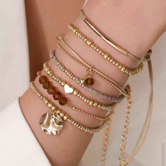 Bohemian Geometric Round Heart Handmade Alloy Glass Beaded Bracelet Set for Women