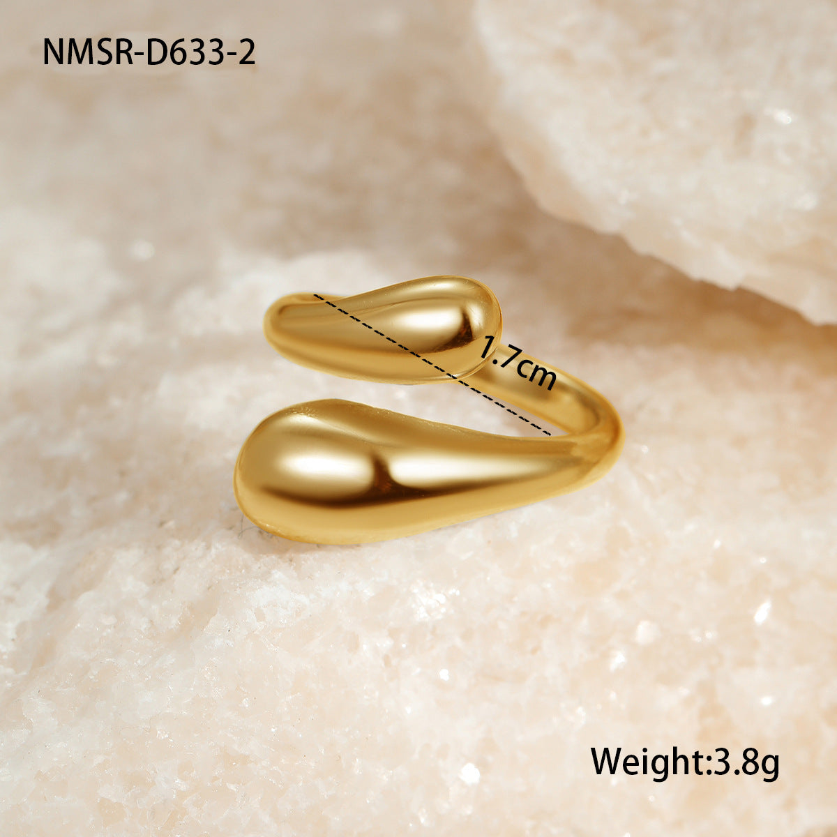 Anillo ajustable de acero inoxidable con forma de gota, diseño geométrico minimalista calado y acabado chapado para mujer