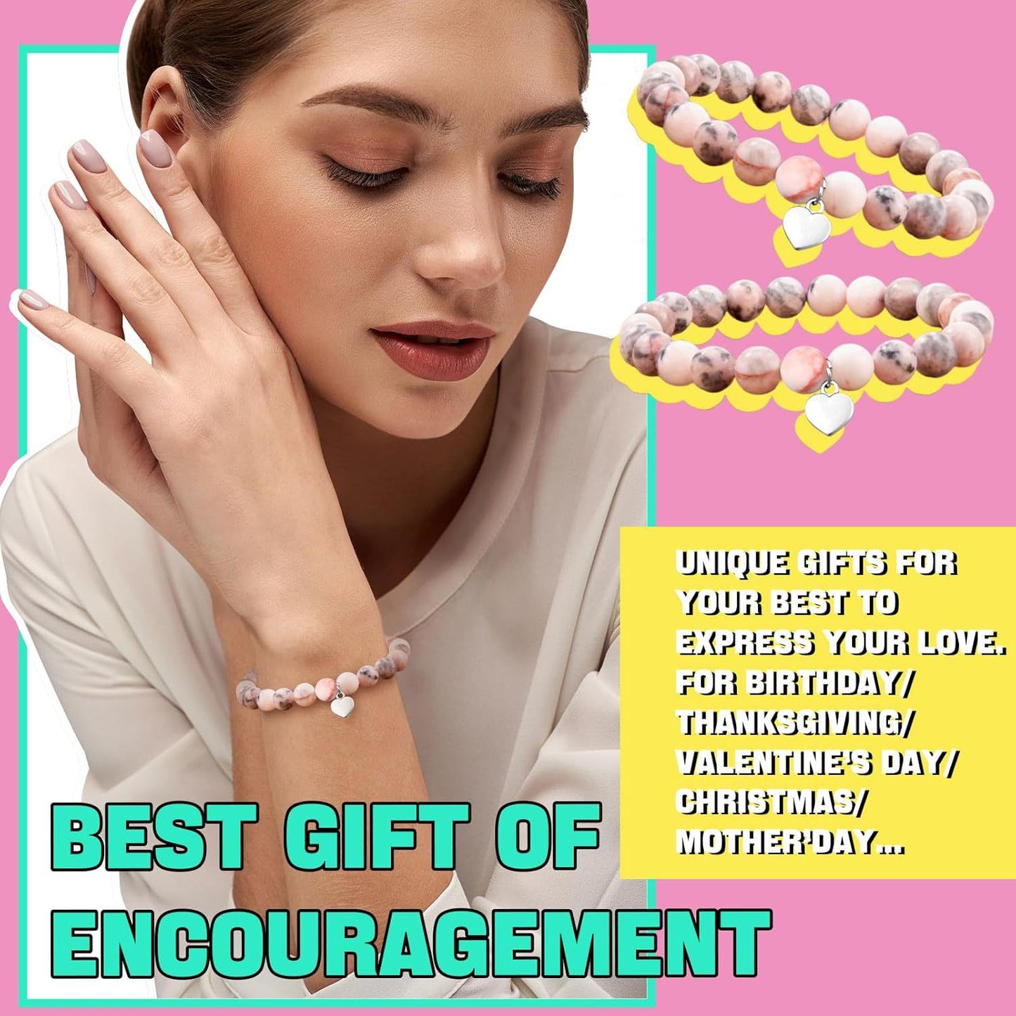 Sweet Natural Pink Zebra Print Crystal Heart Pendant Beaded Bracelet Set Unisex