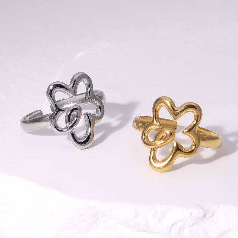 Sweet Minimalist Floral Plated Stainless Steel Open Ring for Women