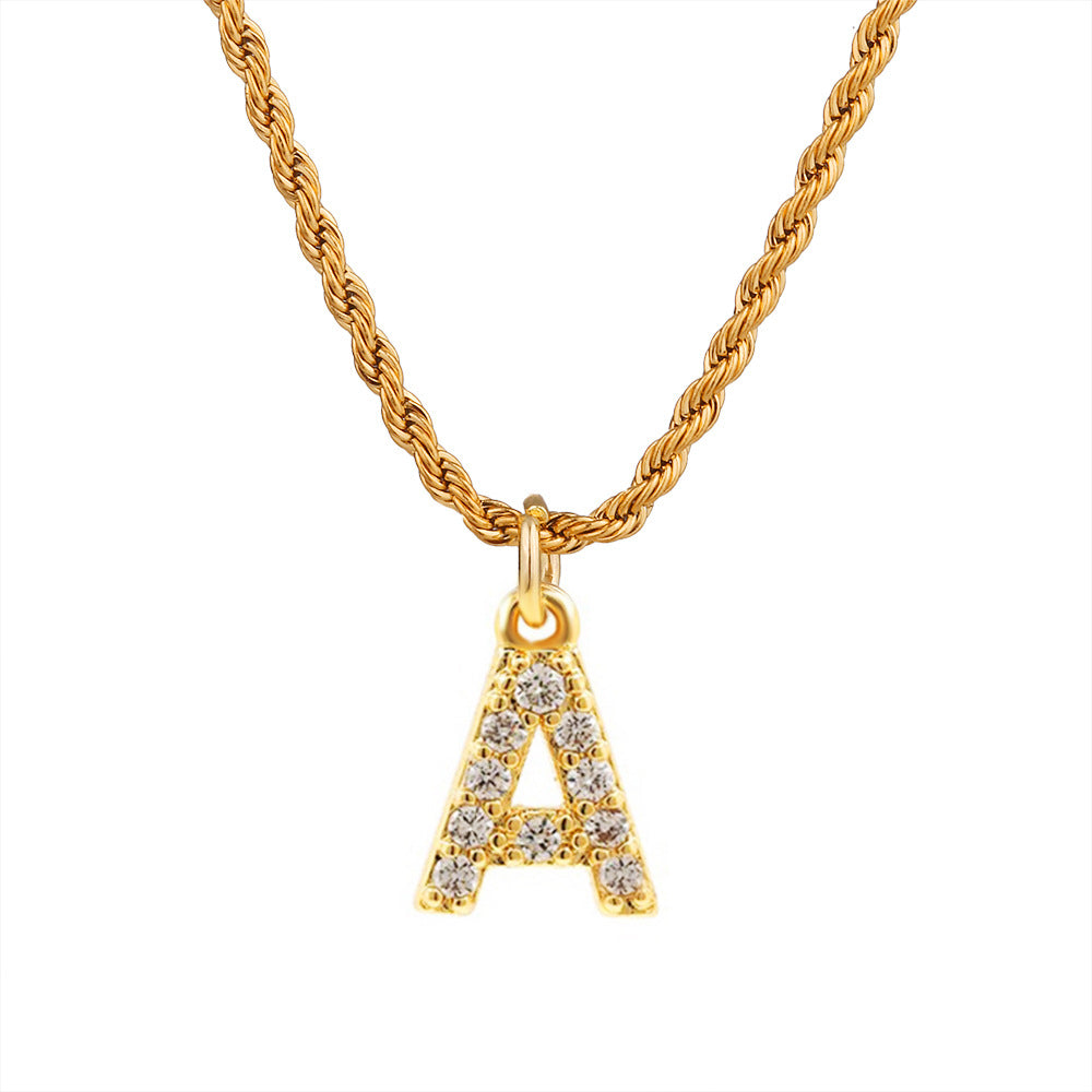 Collar con colgante de letra para mujer, minimalista, de moda, cadena trenzada de acero inoxidable con baño de oro e incrustaciones de circonita