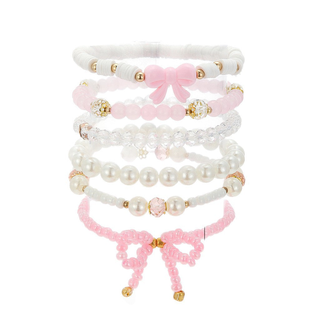 Sweet Cute Pink Glass Heart Bow Pearl Beaded Bracelet for Women