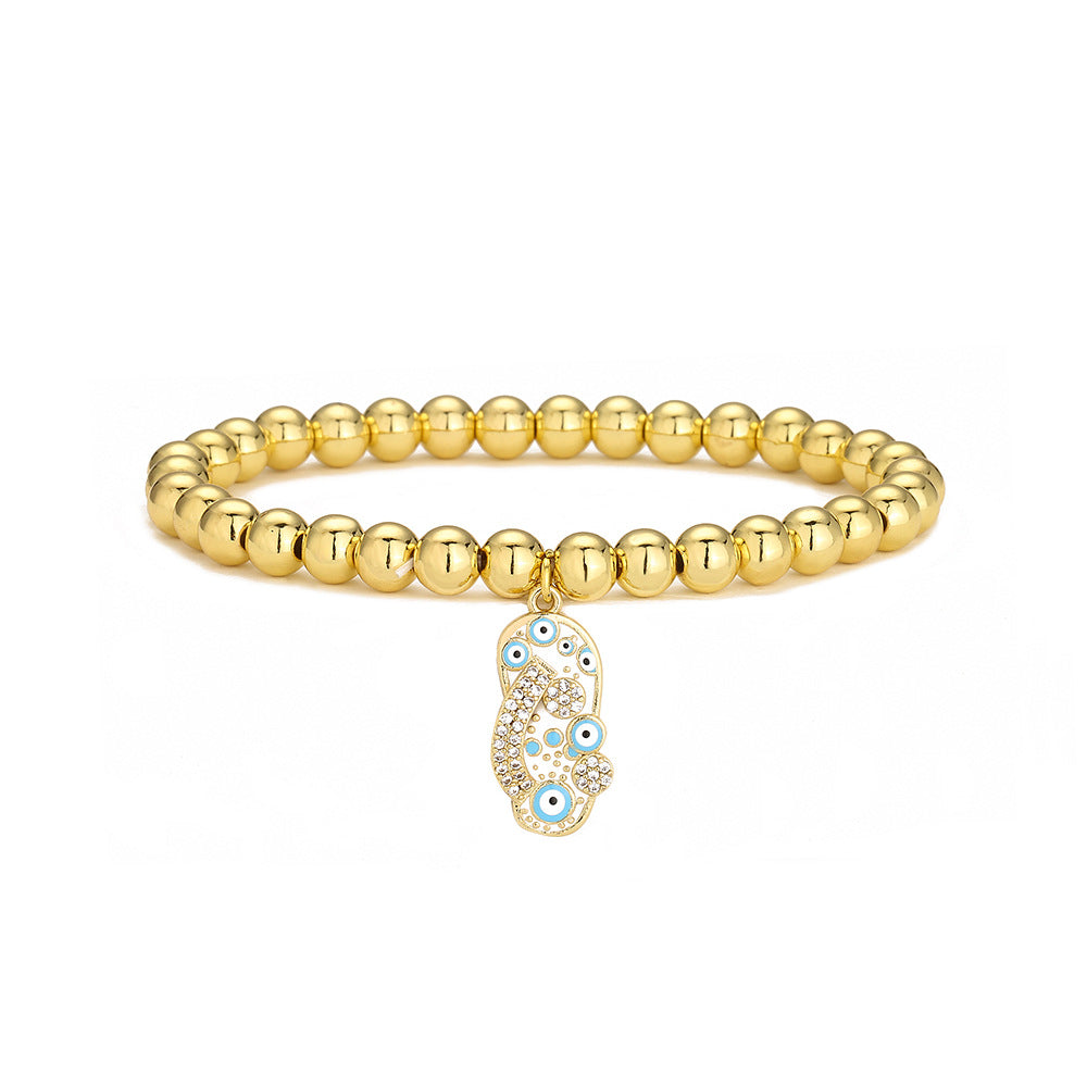 Minimalist Geometric Pendant Bracelet for Women with 18K Gold Plated Copper Beads and Enamel Zirconia Slipper Charm