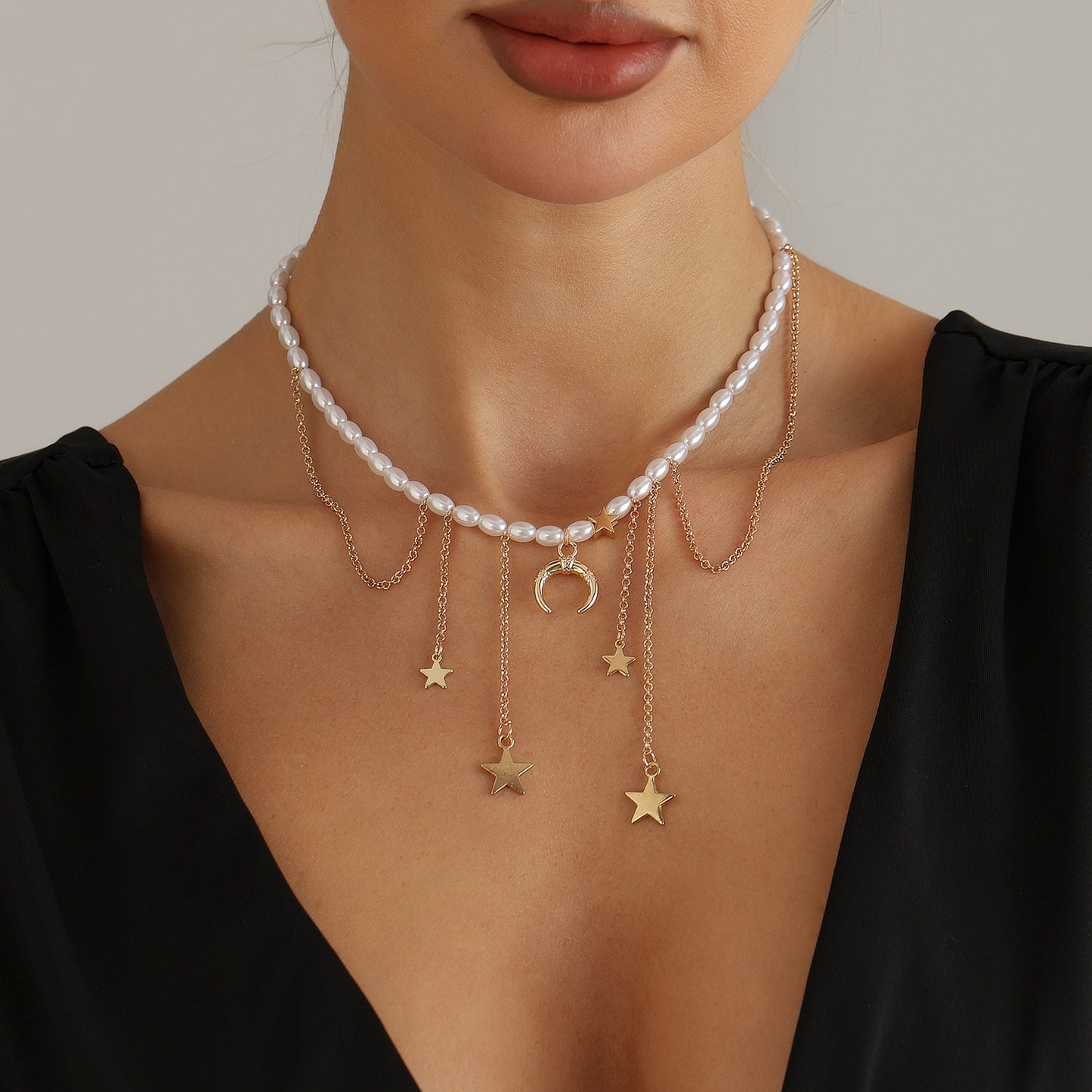 Casual Star Moon Heart Pearl Plated Alloy Necklace Multi-layer Choker for Women