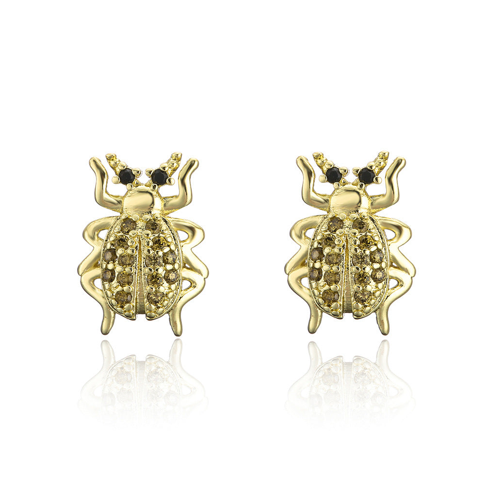 Geometric Insect Design Copper Earrings with Real Gold Plating and Zirconia Accents for Women