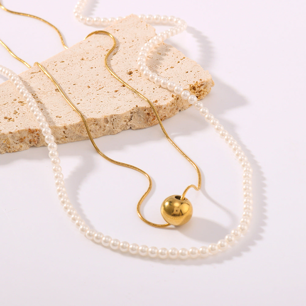 Minimalist Geometric Round Ball Pendant Necklace with 18K Gold Plating Stainless Steel Chain and Pearl Accent for Women