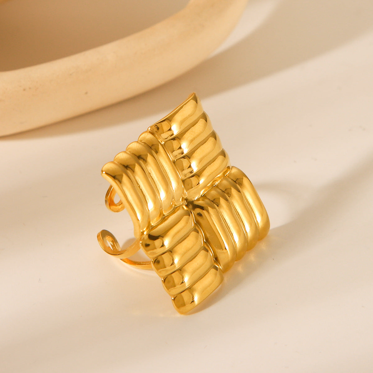 Trendy Geometric Square Textured Ring 18K Gold Plated Stainless Steel Women Jewelry