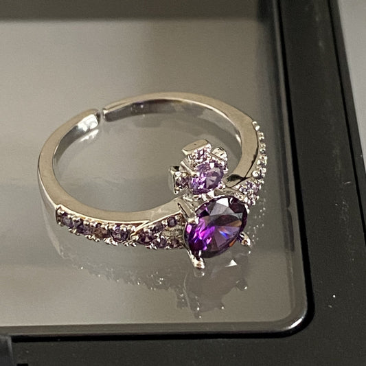 Original Design Purple Micro-Paved Titanium Steel Adjustable Open Ring with 3D Sparkling Planet and Pink Diamond Flying Saucer Shape