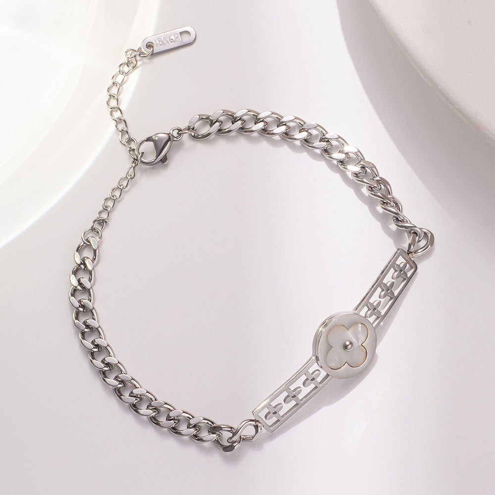 Minimalist Four-Leaf Clover Shape Titanium Steel Bracelet for Women with Gold Plating