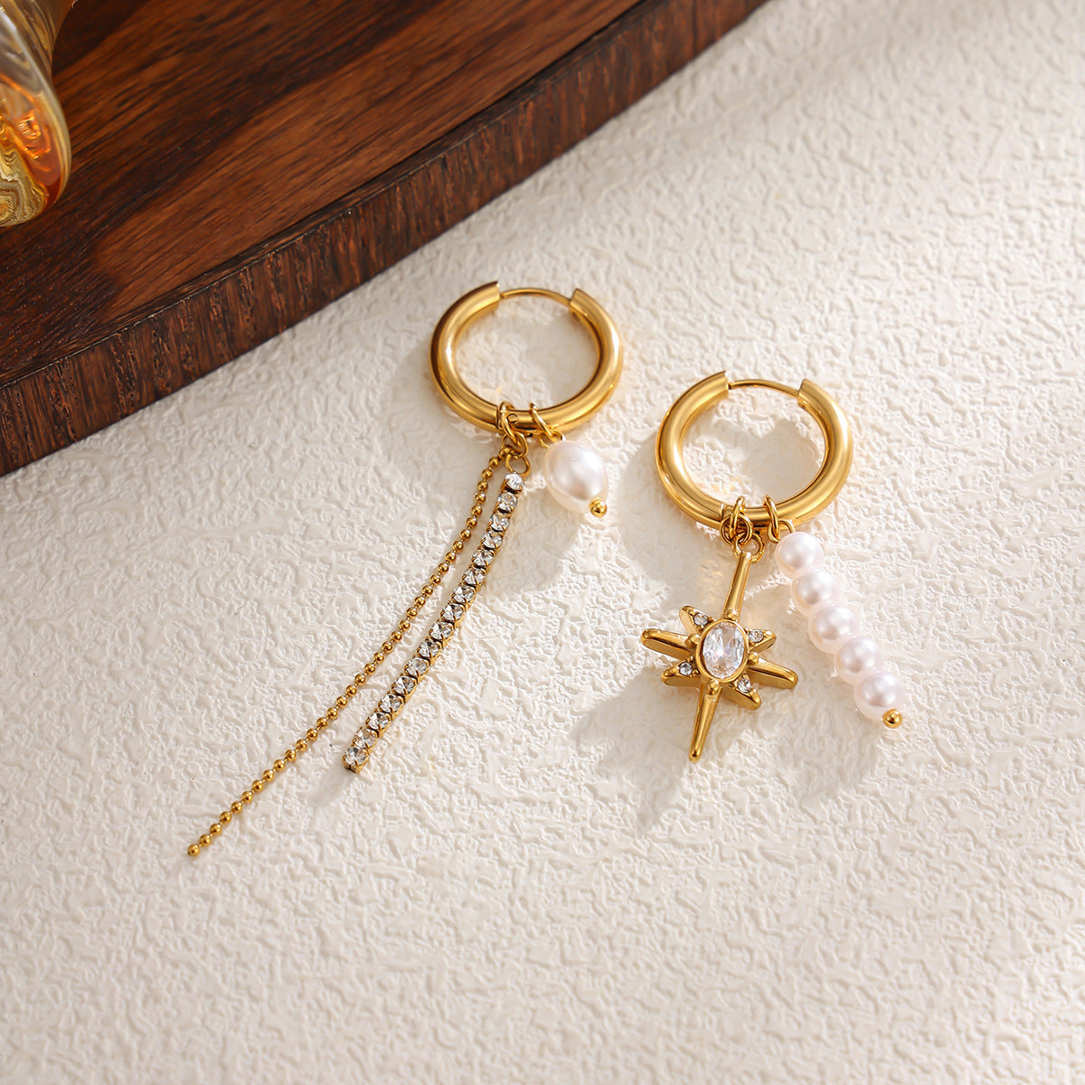 Personalized Eight-Pointed Star Pearl Rhinestone Inlay Stainless Steel PVD Hoop Earrings with Chain Tassel