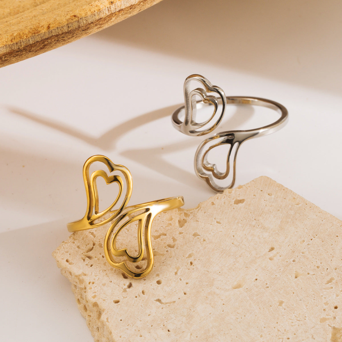 Vintage Minimalist Hollow Double Heart Stainless Steel Adjustable Ring for Women