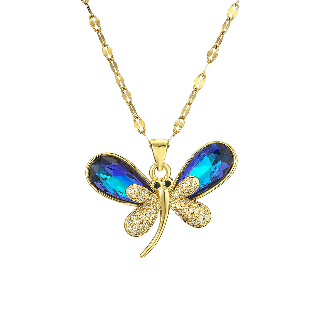 Fashion Minimalist Butterfly Pendant Necklace for Women with Copper Base Plated in Real Gold and Zircon Inlay