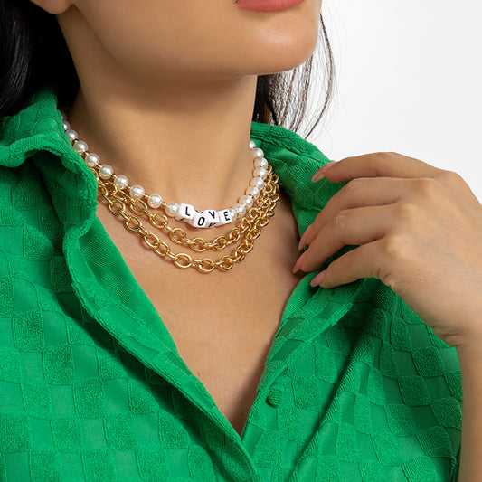 Collar Colgante con Letras Geométricas Estilo Punk para Mujer con Cadena O de Metal Galvanizado y Diseño Multicapa