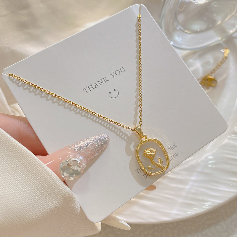 Minimalist Gold Plated Drip Oil Floral Rose Pendant Titanium Steel Necklace for Unisex