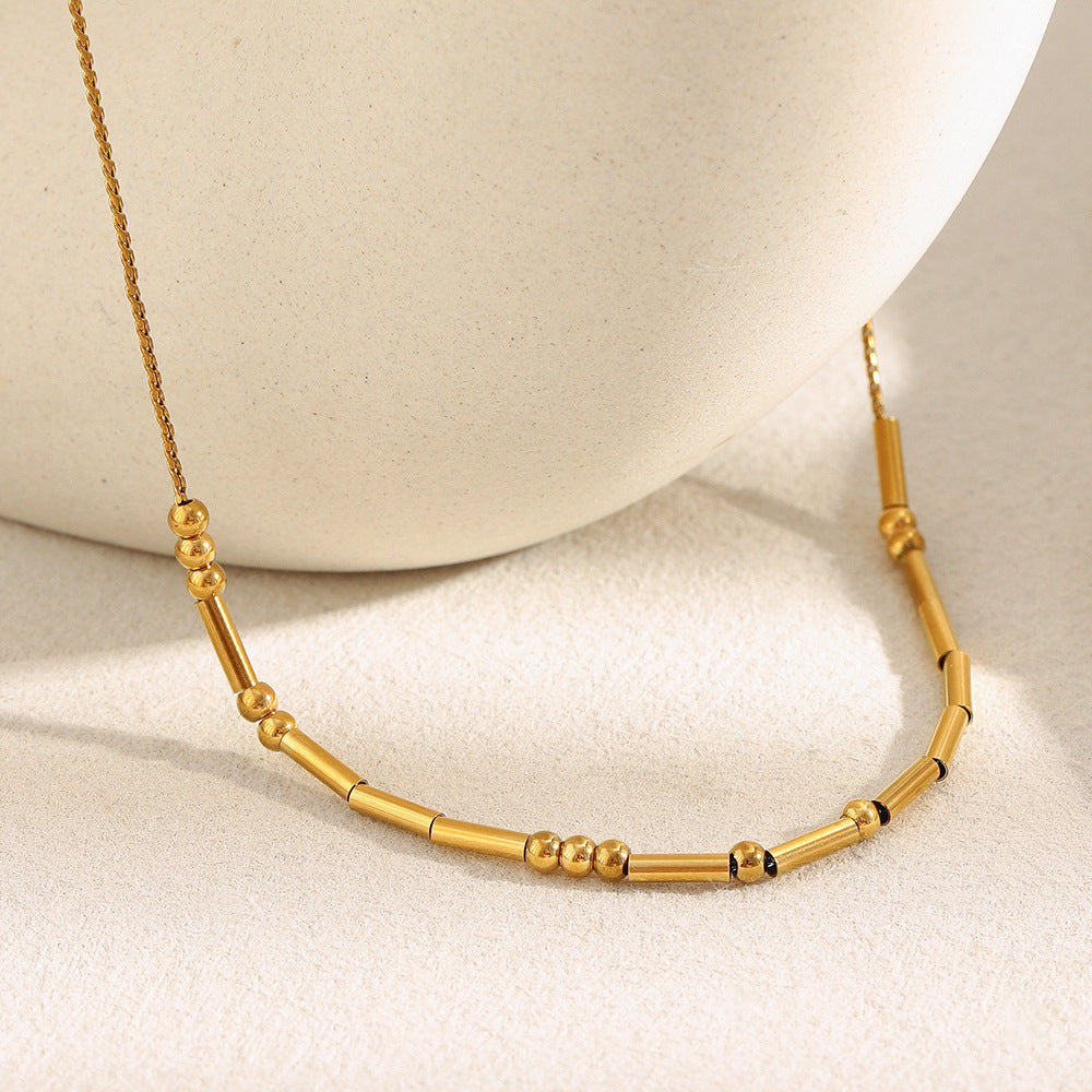 Minimalist Geometric Stainless Steel Pendant Necklace with 18K Gold Plated Beads and Round Tube Links